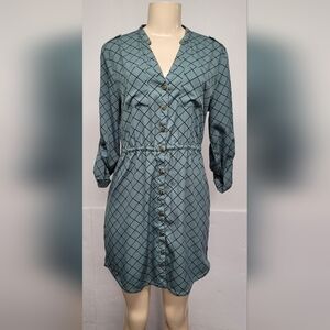 O'Neill Diamond Pattern Button Down Dress M Adjustable Sleeve Like New